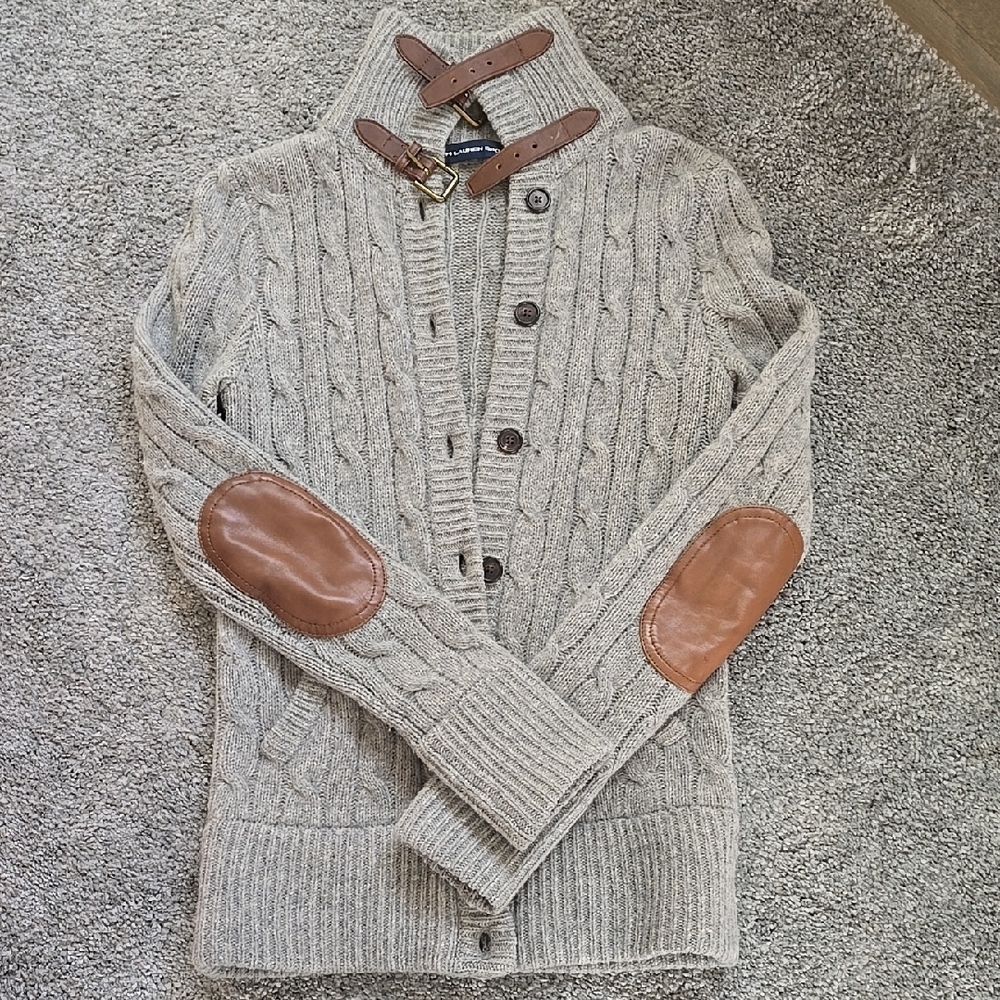 Ralph Lauren Women's Gray Cable Knit Sweater with Brown Accents
